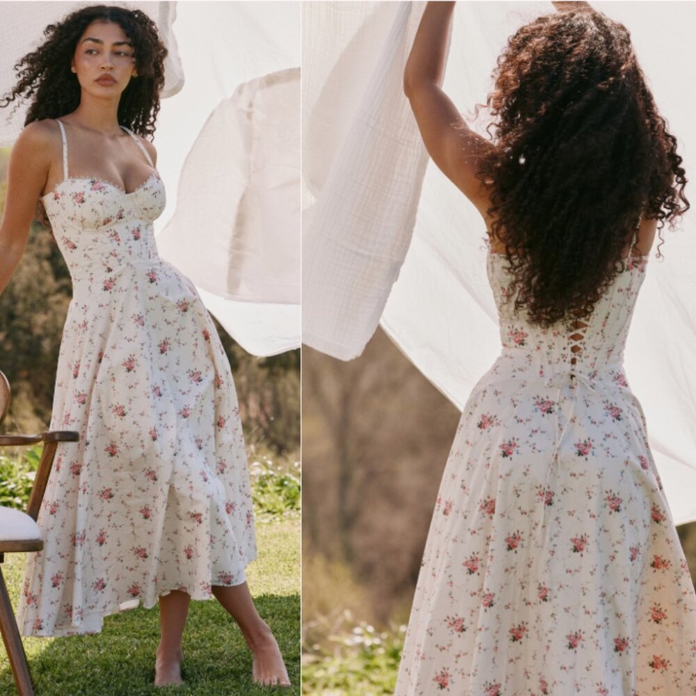House of CB Steffani white stretch cotton rose print midi sundress NWOT